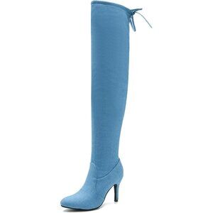 Women Blue Polyurethane Pointed Toe Over The Knee Thigh High Stiletto Heel Boot